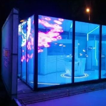 Exibição de filme de cristal LED de alta transparência.